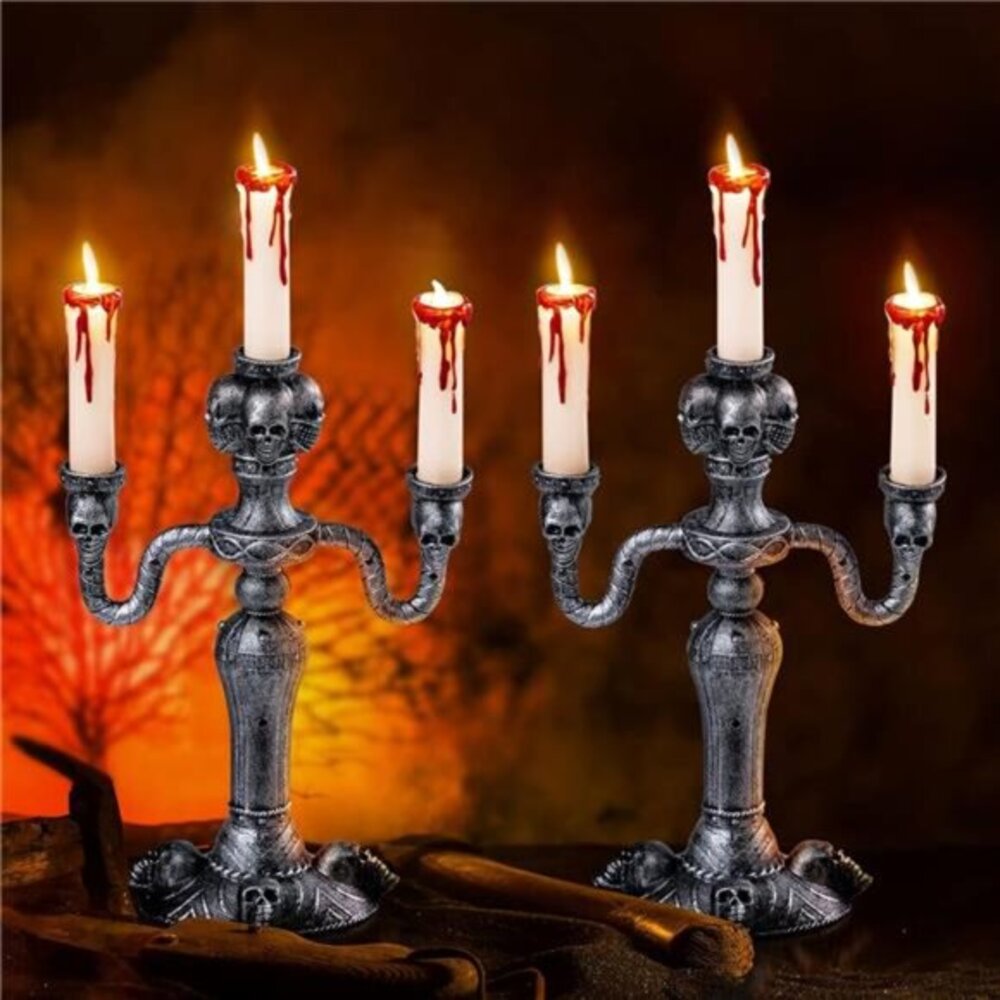 Set‎ of 2 Skull Candelabra Halloween Decorations - LED Candle Holders Set Decor